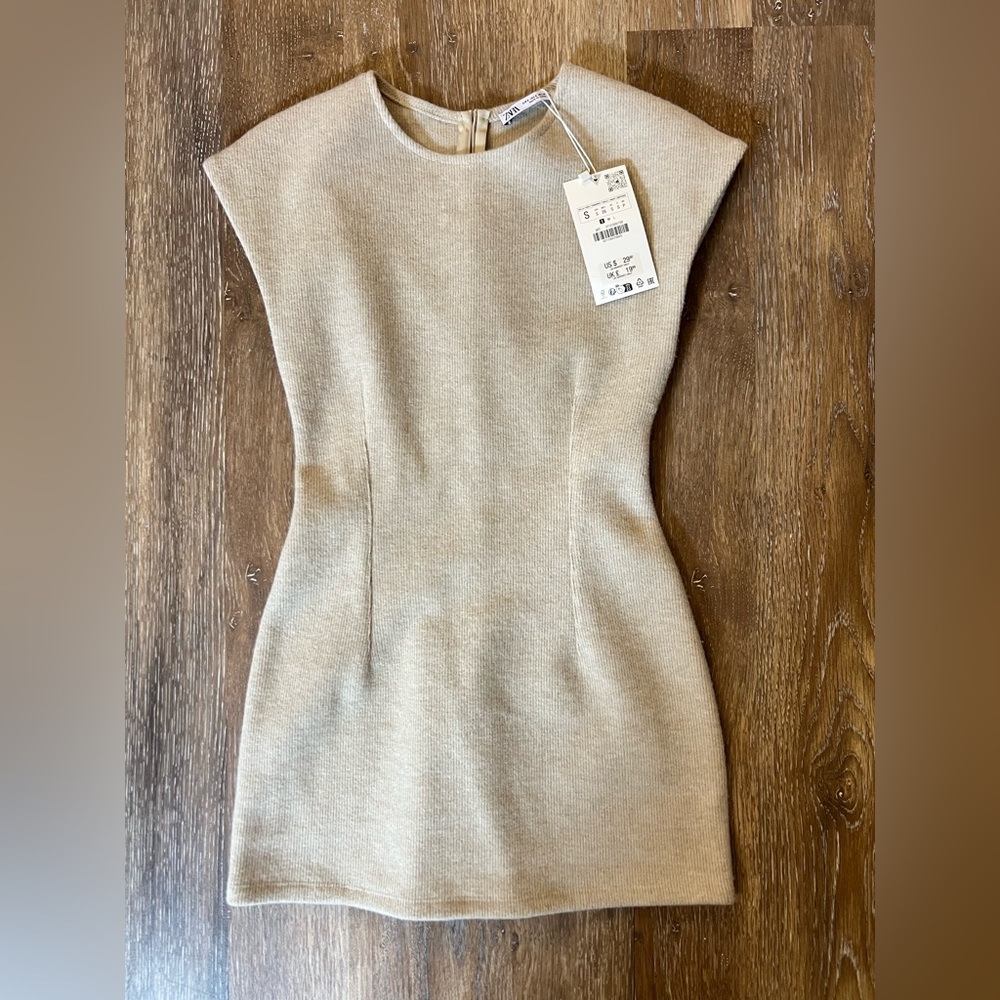 Zara Cream Sheath Mini Dress Cap Sleeve Crew Neck